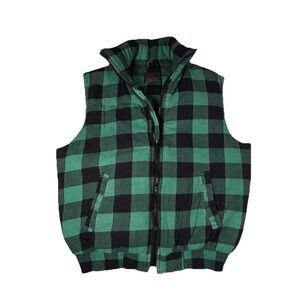 Woodland Vest Mens Large Green Black‎ Buffalo Plaid Quilted Flannel Workwear